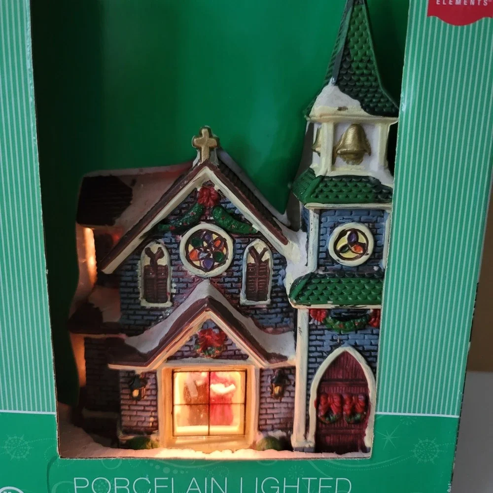 Home Elements Porcelain Lighted Village Church w/Window Scene Christmas Decor